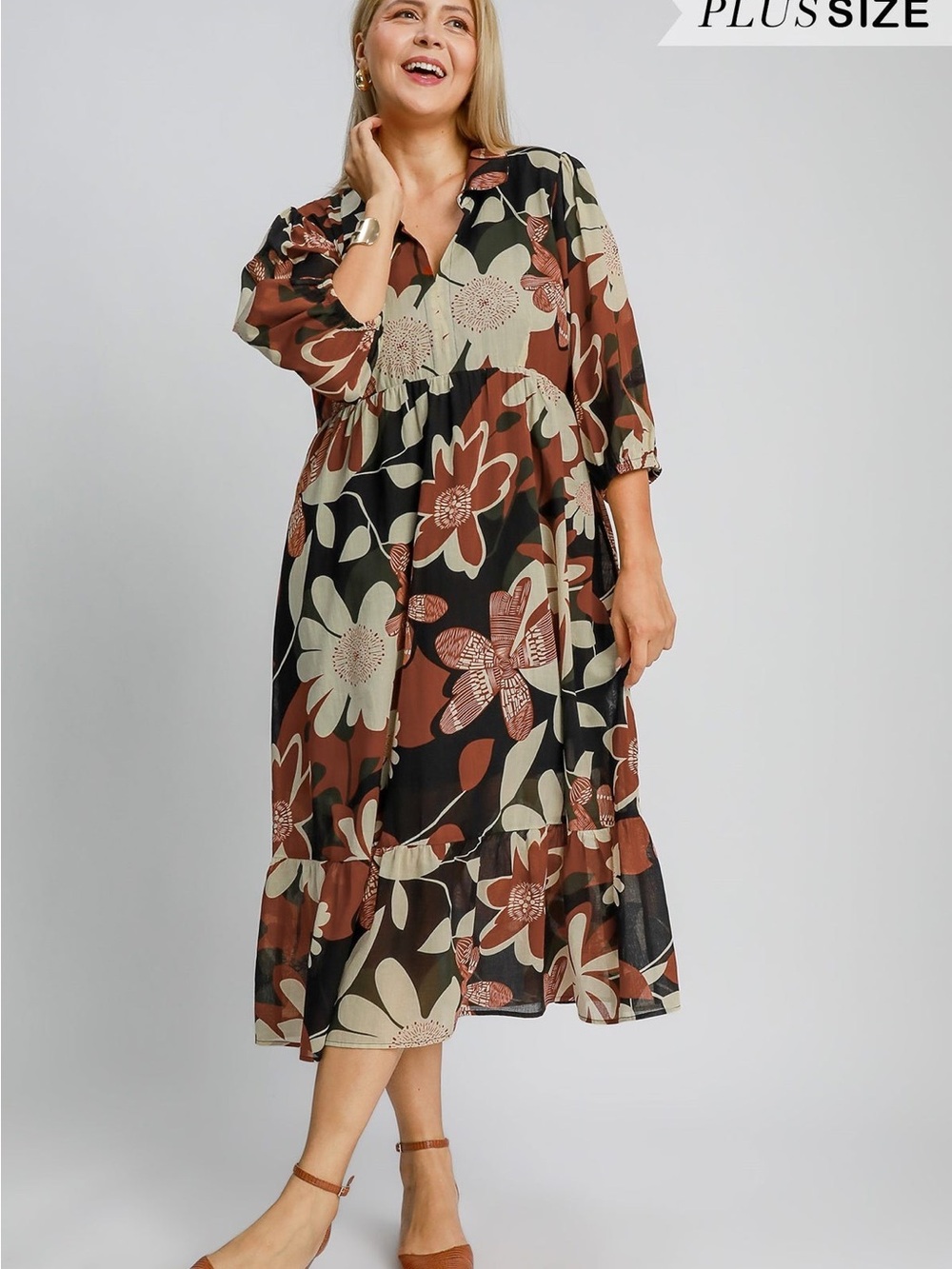 UMGEE Floral Midi Dress in Black and Brown - 1x